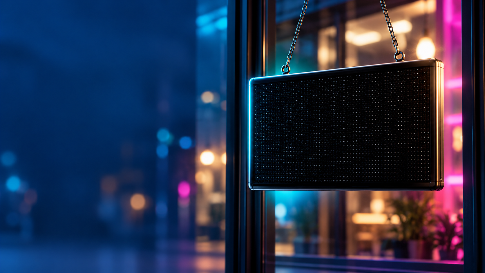 Blank LED sign in a softly lit storefront